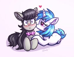 Size: 2728x2105 | Tagged: safe, artist:dandy, character:dj pon-3, character:octavia melody, character:vinyl scratch, species:earth pony, species:pony, species:unicorn, ship:scratchtavia, g4, blushing, bow tie, cute, cutie mark, ear fluff, female, floating heart, heart, kiss on the cheek, kissing, lesbian, shipping, simple background, wide eyes
