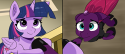 Size: 2340x1007 | Tagged: safe, artist:artiks, character:tempest shadow, character:twilight sparkle, character:twilight sparkle (alicorn), species:alicorn, species:pony, species:unicorn, g4, my little pony: the movie (2017), comic, female, hoof hold, mare, scene interpretation, smiling