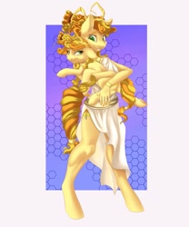 Size: 853x1024 | Tagged: safe, artist:galinn-arts, oc, oc only, species:anthro, species:earth pony, species:pony, species:unguligrade anthro, g4, abstract background, annoyed, anthro ponidox, bracelet, clothing, colored eyebrows, cutie mark, dress, female, holding, holding a pony, jewelry, mare, side slit, simple background, smiling, three quarter view, total sideslit