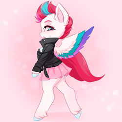 Size: 800x800 | Tagged: safe, artist:valeria_fills, character:zipp storm, species:pegasus, species:pony, g5, my little pony: a new generation, abstract background, adorazipp, bipedal, clothing, colored eyebrows, colored hooves, colored wings, cute, ear fluff, female, hooves, jacket, looking at you, mare, multicolored wings, open mouth, profile, semi-anthro, skirt, solo, spread wings, unshorn fetlocks, wings
