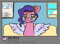 Size: 849x633 | Tagged: safe, artist:villainappie, character:pipp petals, species:pegasus, species:pony, g5, apology video, cancelled, circlet, couch, crying, female, hilarious in hindsight, mare, pipp wings, sad, sad pony, solo, spread wings, teary eyes, wings, youtube, youtube creator awards