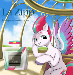 Size: 1024x1057 | Tagged: safe, artist:neoshrek, character:zipp storm, species:pegasus, species:pony, g5, my little pony: a new generation, colored eyebrows, colored hooves, colored wings, female, gritted teeth, hooves, looking at you, mare, multicolored wings, perfume, sitting, smiling, solo, spread wings, supporting head, text, three quarter view, wings