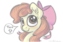 Size: 1000x666 | Tagged: safe, artist:bobdude0, character:apple bloom, species:earth pony, species:pony, g4, adorabloom, apple family member, cute, dialogue, digital art, ear fluff, female, filly, signature, simple background, solo, speech bubble, text, three quarter view, white background, young