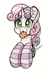 Size: 1680x2608 | Tagged: safe, artist:dandy, character:sweetie belle, species:pony, species:unicorn, g4, blushing, bust, clothing, colored pencil drawing, cookie, cute, diasweetes, ear fluff, female, filly, food, holding, horn, mouth hold, simple background, smiling, socks, solo, traditional art, white background, wingding eyes, young