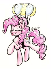 Size: 2036x2876 | Tagged: safe, artist:dandy, character:pinkie pie, species:earth pony, species:pony, g4, balloon, blep, colored pencil drawing, cute, cutie mark, diapinkes, ear fluff, eyes closed, female, floating, mare, solo, then watch her balloons lift her up to the sky, tongue out, traditional art