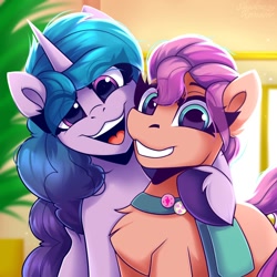 Size: 1750x1750 | Tagged: safe, artist:shadowreindeer, character:izzy moonbow, character:sunny starscout, species:earth pony, species:pony, species:unicorn, g5, my little pony: a new generation, bust, chest fluff, colored hooves, cute, duo, duo female, eye clipping through hair, female, gradient hair, hooves, izzybetes, looking at you, mare, multicolored hair, open mouth, open smile, scene interpretation, smiling, sunnybetes, unshorn fetlocks
