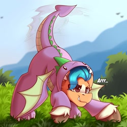 Size: 2000x2000 | Tagged: safe, artist:shadowreindeer, character:hitch trailblazer, character:spike, species:earth pony, species:pony, g4, g5, clothing, colored hooves, costume, crouching, cute, eye clipping through hair, grass, growling, hitchbetes, hooves, kigurumi, male, onesie, onomatopoeia, solo, stallion, tail, tail wag, unshorn fetlocks