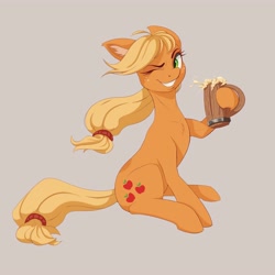 Size: 4000x4000 | Tagged: safe, artist:galinn-arts, character:applejack, species:earth pony, species:pony, g4, chest fluff, cider, cider mug, drink, ear fluff, female, freckles, mare, one eye closed, simple background, sitting, smiling, solo, wink
