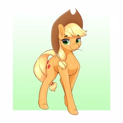 Size: 2650x2650 | Tagged: safe, artist:aquaticvibes, character:applejack, species:earth pony, species:pony, g4, applejack's hat, clothing, cowboy hat, cute, cutie mark, eyebrows, eyebrows visible through hair, female, green background, hat, jackabetes, lidded eyes, looking at you, mare, ponytail, simple background, smiling, smiling at you, solo, stetson, straw in mouth