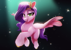 Size: 2829x2000 | Tagged: safe, artist:light262, character:pipp petals, species:pegasus, species:pony, g5, my little pony: a new generation, circlet, colored hooves, eyebrows, female, fluffy, flying, hooves, lidded eyes, looking at you, mare, no pupils, open mouth, pipp wings, smiling, smiling at you, solo, spotlight, spread wings, wings