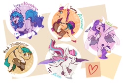 Size: 1200x811 | Tagged: safe, artist:ak4neh, character:hitch trailblazer, character:izzy moonbow, character:pipp petals, character:sunny starscout, character:zipp storm, species:earth pony, species:pegasus, species:pony, species:unicorn, g5, abstract background, bag, circlet, coat markings, colored hooves, colored pupils, colored wings, female, hooves, looking at you, male, mane g5, mare, multicolored wings, profile, saddle bag, satchel, smiling, socks (coat marking), spread wings, stallion, sticker, sunny's buttons, text, three quarter view, unshorn fetlocks, wings