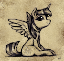Size: 4500x4244 | Tagged: safe, artist:docwario, character:twilight sparkle, character:twilight sparkle (alicorn), species:alicorn, species:pony, g4, female, mare, monochrome, profile, sitting, solo, spread wings, twitober, wings