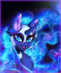 Size: 2039x2438 | Tagged: safe, artist:minamikoboyasy, character:nightmare moon, character:princess luna, species:alicorn, species:pony, g4, bust, chest fluff, curved horn, ear fluff, ethereal mane, fangs, female, galaxy mane, horn, looking at you, mare, open mouth, portrait, sharp teeth, solo