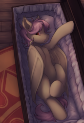 Size: 3353x4866 | Tagged: safe, artist:aquoquoo, character:flutterbat, character:fluttershy, species:bat pony, species:pony, g4, bat ponified, batterscotch, butterscotch, coffin, fangs, looking at you, lying down, male, race swap, rule 63, sharp teeth, solo, stallion