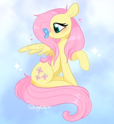 Size: 1880x2048 | Tagged: safe, artist:tinykiru, character:fluttershy, species:pegasus, species:pony, ponytober, g4, abstract background, butterfly, butterfly on nose, colored pupils, cute, ear fluff, female, heart, heart eyes, insect on nose, mare, profile, raised hoof, shyabetes, signature, sitting, solo, spread wings, wingding eyes, wings