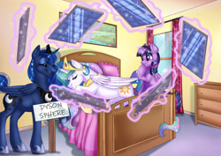 Size: 3541x2508 | Tagged: safe, artist:ali-selle, derpibooru original, character:princess celestia, character:princess luna, character:twilight sparkle, character:twilight sparkle (alicorn), species:alicorn, species:pony, g4, :t, bed, clothing, commission, crown, cute, dyson sphere, eyes closed, female, funny, giggling, glowing horn, hoof shoes, horn, illustration, jewelry, levitation, lying down, magic, magic aura, mare, necklace, peytral, prank, princess, prone, raised hoof, regalia, royal sisters, royalty, shoes, siblings, sign, sisters, sleeping, smiling, solar panel, telekinesis, three quarter view