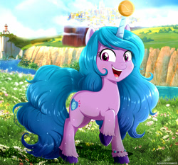 Size: 1280x1192 | Tagged: safe, artist:the-butch-x, character:izzy moonbow, species:pony, species:unicorn, g5, ball, bracelet, childproof horn, cloud, cloudy, cute, female, flower, gradient hair, horn, izzy's tennis ball, jewelry, mare, maretime bay, multicolored hair, ocean, open mouth, raised hoof, smiling, solo, tennis ball, toy, unshorn fetlocks, zephyr heights