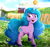 Size: 1280x1192 | Tagged: safe, artist:the-butch-x, character:izzy moonbow, species:pony, species:unicorn, g5, ball, bracelet, childproof horn, cloud, cloudy, cute, female, flower, gradient hair, horn, izzy's tennis ball, jewelry, mare, maretime bay, multicolored hair, ocean, open mouth, raised hoof, smiling, solo, tennis ball, toy, unshorn fetlocks, zephyr heights
