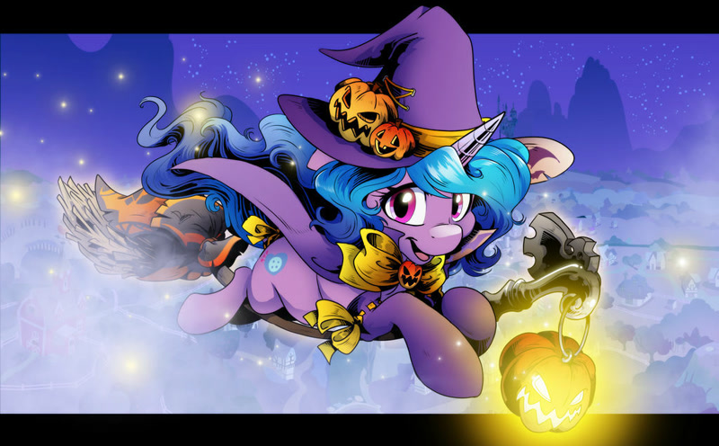 Size: 1024x635 | Tagged: safe, artist:dormin-dim, manebooru spotlight, character:izzy moonbow, species:pony, species:unicorn, g5, bow, broom, cape, clothing, cute, female, flying, flying broomstick, gradient hair, halloween, hat, holiday, jack-o-lantern, mare, missing accessory, multicolored hair, night, open mouth, pumpkin, sky, smiling, socks, solo, stars, witch costume, witch hat