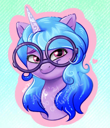 Size: 668x776 | Tagged: safe, artist:ailurya, artist:avui, character:izzy moonbow, species:pony, species:unicorn, g5, bust, cute, female, glasses, gradient hair, heart, izzybetes, mare, multicolored hair, simple background, smirk, solo, watermark