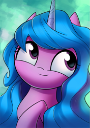 Size: 755x1068 | Tagged: safe, artist:dori-to, character:izzy moonbow, species:pony, species:unicorn, g5, bust, cute, female, gradient hair, looking up, mare, multicolored hair, raised hoof, simple background, smiling, solo