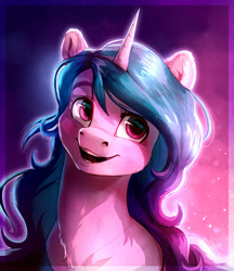 Size: 1600x1852 | Tagged: safe, artist:gaelldragons, character:izzy moonbow, species:pony, species:unicorn, g5, bust, female, gradient hair, looking up, mare, multicolored hair, open mouth, simple background, smiling, solo