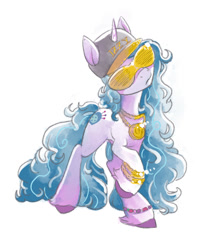 Size: 692x874 | Tagged: safe, artist:chordsy, character:izzy moonbow, species:pony, species:unicorn, g5, bling, bracelet, clothing, female, frown, gradient hair, hat, head tilt, jewelry, mare, multicolored hair, necklace, raised hoof, shutter shades, solo, sparkles, unshorn fetlocks
