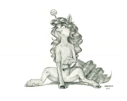 Size: 1280x1018 | Tagged: safe, artist:baron engel, character:izzy moonbow, species:pony, species:unicorn, g5, ball, bracelet, childproof horn, female, gradient hair, horn, izzy's tennis ball, jewelry, looking up, mare, multicolored hair, raised hoof, realistic horse legs, simple background, sitting, solo, tennis ball, tongue out, toy, traditional art, unshorn fetlocks, white background