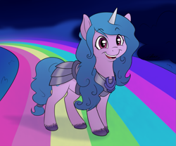 Size: 1179x982 | Tagged: safe, artist:ethaes, character:izzy moonbow, species:pony, species:unicorn, g5, armor, centaurworld, crossover, cute, female, gradient hair, grin, mare, missing accessory, multicolored hair, rainbow, smiling, solo, unshorn fetlocks