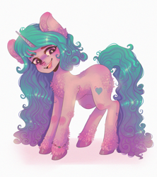 Size: 2004x2260 | Tagged: safe, artist:adishu, character:izzy moonbow, species:pony, species:unicorn, g5, bracelet, female, fluffy, gradient hair, jewelry, looking down, mare, multicolored hair, simple background, smiling, solo, sparkles, unshorn fetlocks, white background