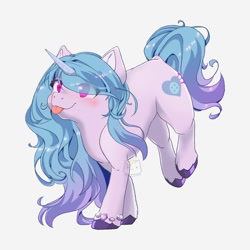 Size: 1080x1080 | Tagged: safe, artist:ayleviazephyr, character:izzy moonbow, species:pony, species:unicorn, g5, blep, blushing, bracelet, female, gradient hair, jewelry, mare, multicolored hair, simple background, solo, tongue out, unshorn fetlocks, white background