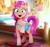 Size: 1200x1117 | Tagged: safe, artist:the-butch-x, character:sunny starscout, species:earth pony, species:pony, g5, bag, bed, braid, button, coat markings, cutie mark, female, happy, looking at you, mare, open mouth, saddle bag, smiling, socks (coat marking), solo, unshorn fetlocks