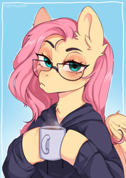 Size: 2894x4093 | Tagged: safe, artist:yukomaussi, character:fluttershy, species:pegasus, species:pony, g4, clothing, duckface, ear fluff, female, glasses, gradient background, hipster, hipstershy, hoodie, hoof hold, looking at you, mare, mug, raised eyebrow, simple background, smug, solo, steam, unamused, warm