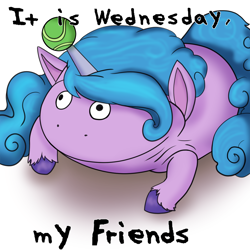 Size: 1360x1360 | Tagged: artist needed, safe, character:izzy moonbow, species:pony, species:unicorn, g5, my little pony: a new generation, ball, budgett's frog, colored hooves, frog, gradient hair, hooves, it is wednesday my dudes, izzy's tennis ball, meme, multicolored hair, ponified, ponified meme, solo, tennis ball, text, toy, unshorn fetlocks, wednesday