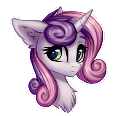 Size: 1956x1830 | Tagged: safe, artist:setharu, character:sweetie belle, species:pony, species:unicorn, g4, bust, chest fluff, colored eyebrows, cute, diasweetes, ear fluff, eyebrows, eyebrows visible through hair, female, floppy ears, frown, mare, older, older sweetie belle, portrait, simple background, solo, transparent background, white outline