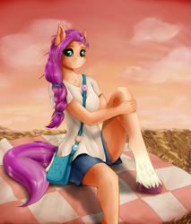 Size: 919x1080 | Tagged: safe, artist:shamziwhite, character:sunny starscout, species:anthro, species:pony, species:unguligrade anthro, g5, my little pony: a new generation, bag, clothing, coat markings, colored hooves, ear fluff, eye clipping through hair, eyebrows, eyebrows visible through hair, female, hooves, leg fluff, looking at you, mare, picnic, satchel, shirt, shorts, signature, sitting, sky, socks (coat marking), solo, sunny's buttons, unshorn fetlocks
