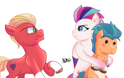 Size: 1742x1100 | Tagged: safe, alternate version, artist:alonso-bazan, character:hitch trailblazer, character:sprout, character:zipp storm, species:earth pony, species:pegasus, species:pony, ship:hitchzipp, g5, my little pony: a new generation, angry, blaze (coat marking), blushing, coat markings, colored hooves, colored wings, female, hooves, male, mare, multicolored wings, profile, raised hoof, shipping, signature, simple background, socks (coat marking), stallion, straight, transparent background, unshorn fetlocks, wings