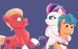 Size: 1742x1100 | Tagged: safe, artist:alonso-bazan, character:hitch trailblazer, character:sprout, character:zipp storm, species:earth pony, species:pegasus, species:pony, ship:hitchzipp, g5, my little pony: a new generation, angry, blaze (coat marking), blushing, coat markings, colored hooves, colored wings, female, hooves, male, mare, multicolored wings, profile, raised hoof, shipping, signature, simple background, socks (coat marking), stallion, straight, unshorn fetlocks, wings