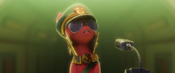 Size: 4093x1714 | Tagged: safe, official, screencap, character:sprout, species:earth pony, species:pony, g5, my little pony: a new generation, clothing, dictator, emperor sprout, hat, joseph sprout, male, microphone, solo, stallion, sunglasses