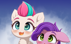 Size: 4000x2500 | Tagged: safe, artist:symbianl, character:pipp petals, character:zipp storm, species:pegasus, species:pony, g5, my little pony: a new generation, adorapipp, adorazipp, blushing, bust, cheek fluff, chest fluff, colored eyebrows, colored pupils, cute, ear fluff, female, filly, filly pipp petals, filly zipp storm, floppy ears, fluffy, open mouth, open smile, pipp wings, signature, smiling, young, younger