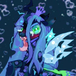 Size: 1024x1020 | Tagged: safe, artist:feathhhngg, character:queen chrysalis, species:changeling, ponytober, g4, blue background, changeling queen, female, simple background, solo