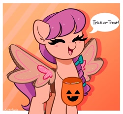 Size: 4096x3804 | Tagged: safe, artist:kittyrosie, character:sunny starscout, species:earth pony, species:pony, g5, my little pony: a new generation, abstract background, blushing, box, cardboard box, cute, dialogue, eyes closed, fake wings, female, halloween, holiday, mare, open mouth, open smile, pumpkin bucket, signature, simple background, smiling, solo, speech bubble, sunnybetes, text, trick or treat