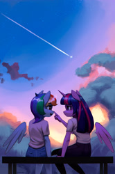 Size: 1800x2719 | Tagged: safe, artist:mrscroup, character:rainbow dash, character:twilight sparkle, character:twilight sparkle (alicorn), species:alicorn, species:anthro, species:pegasus, ponytober, ship:twidash, g4, bench, blushing, boop, clothing, cloud, contrail, duo, eyebrows, eyebrows visible through hair, female, floating wings, horn, jeans, lesbian, looking at each other, mare, open mouth, pants, plane, profile, shipping, shirt, sitting, skirt, sky, stars, stockings, thigh highs, wings