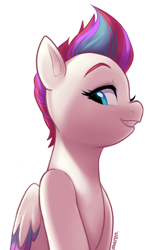 Size: 2230x3435 | Tagged: safe, artist:maren, character:zipp storm, species:pegasus, species:pony, g5, my little pony: a new generation, bust, colored eyebrows, colored wings, female, folded wings, gritted teeth, high res, looking at you, looking down, looking sideways, mare, multicolored wings, profile, signature, simple background, smiling, solo, white background, wings