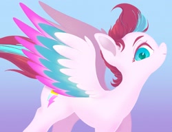 Size: 2665x2048 | Tagged: safe, artist:noupu, character:zipp storm, species:pegasus, species:pony, g5, my little pony: a new generation, adorazipp, colored pupils, colored wings, cute, female, gradient background, high res, looking at you, mare, multicolored wings, profile, solo, spread wings, wings