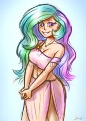 Size: 2480x3508 | Tagged: safe, artist:dandy, character:princess celestia, species:human, g4, belly button, blushing, breasts, busty princess celestia, clothing, explicit source, female, humanized, looking at you, nipple outline, side slit, sketch, skirt, smiling, solo, species swap, total sideslit