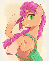 Size: 2560x3200 | Tagged: safe, artist:chopchopguy, part of a set, character:sunny starscout, species:earth pony, species:pony, g5, my little pony: a new generation, badge, bag, braid, coat markings, colored eyebrows, colored hooves, colored pupils, female, grin, hooves, looking at you, mare, profile, raised hoof, satchel, smiling, socks (coat marking), solo, sunny's buttons, twilight sparkle's cutie mark, unshorn fetlocks