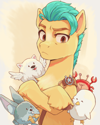Size: 2560x3200 | Tagged: safe, artist:chopchopguy, part of a set, character:cloudpuff, character:hitch trailblazer, species:bird, species:crab, species:dog, species:earth pony, species:pony, species:rabbit, species:seagull, g5, my little pony: a new generation, animal, badge, blaze (coat marking), bucktooth, chest fluff, coat markings, colored eyebrows, colored hooves, crossed arms, eyes closed, facial markings, flying pomeranian, frown, hooves, male, open mouth, open smile, pale belly, pomeranian, sash, sheriff's badge, smiling, stallion, unamused, unshorn fetlocks, winged dog