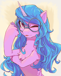 Size: 2560x3200 | Tagged: safe, artist:chopchopguy, part of a set, character:izzy moonbow, species:pony, species:unicorn, g5, my little pony: a new generation, blep, bracelet, chest fluff, colored hooves, cute, female, glasses, gradient hair, hooves, horn, izzybetes, jewelry, looking at you, mare, multicolored hair, one eye closed, raised hoof, solo, tongue out, unshorn fetlocks, wink