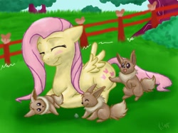 Size: 800x600 | Tagged: safe, artist:brackenfox, character:fluttershy, species:pegasus, species:pony, g4, crossover, cute, eevee, eyes closed, female, fence, floppy ears, grass, lying down, mare, nintendo, pokémon, prone, shyabetes, smiling, spread wings, tree, video game, wings